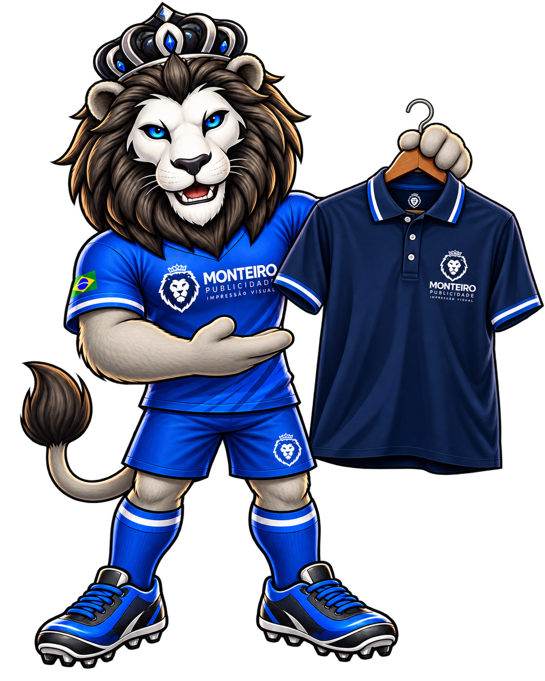 Leão mascote da Monteiro apresentando uma camisa personalizada no cabide