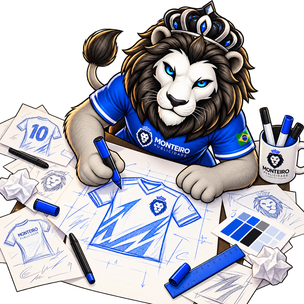 Leão mascote da Monteiro apontando para as etapas do pedido